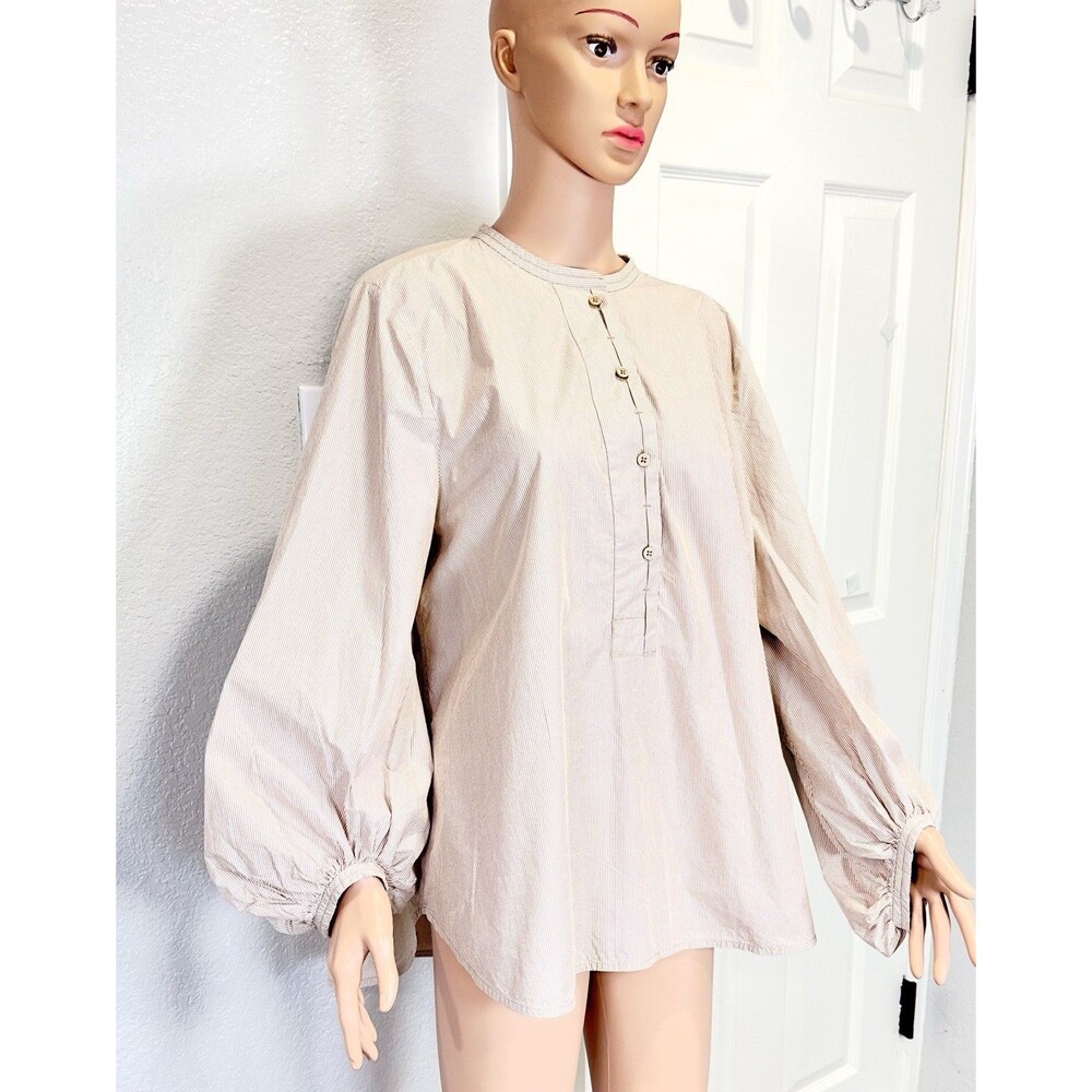 COS Women US 10 Pinstripe Cotton Tunic Blouse Balloon Sleeve Oversized Beige - Picture 2 of 10